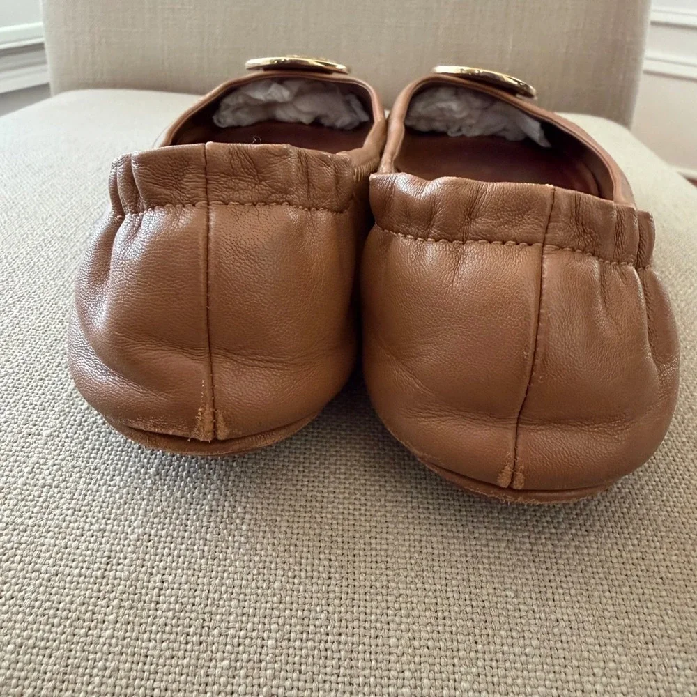 Tory Burch‎ Minnie Travel Ballet Flats Tan Leather Gold Logo 50393 Womens 8.5M